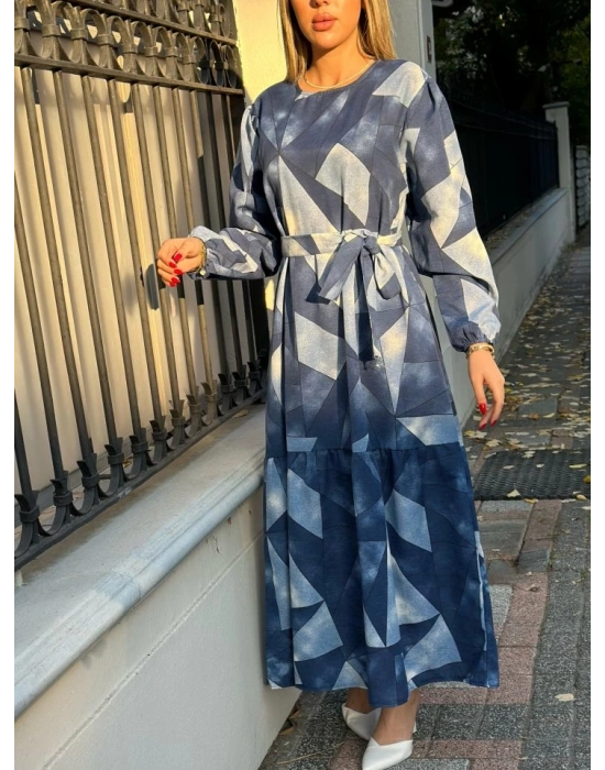 Kadın Uzun Kollu Bisiklet Yaka Geometrik Desen Baskılı Kuşak Dahil Maxi Boy Elbise