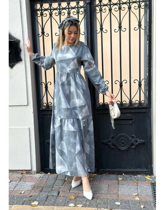 Kadın Uzun Kollu Bisiklet Yaka Geometrik Desen Baskılı Kuşak Dahil Maxi Boy Elbise