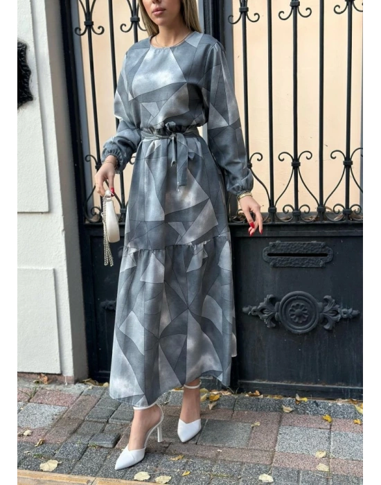 Kadın Uzun Kollu Bisiklet Yaka Geometrik Desen Baskılı Kuşak Dahil Maxi Boy Elbise