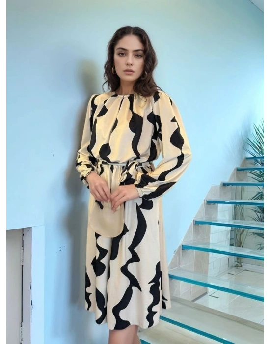 Kadın Uzun Kollu Bisiklet Yaka Geometrik Desenli Midi Dalgıç Elbise