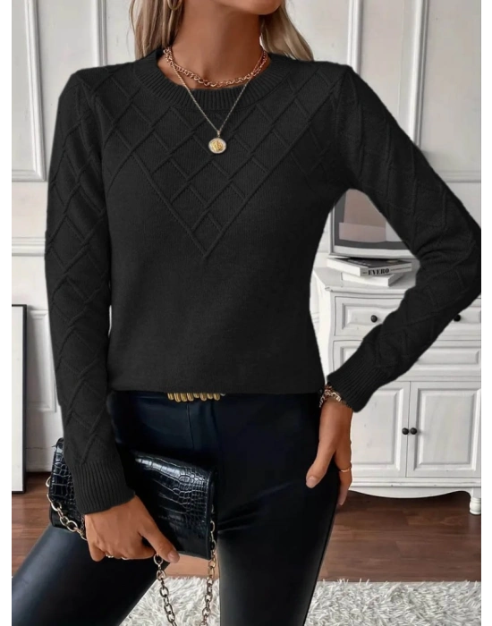 Kadın Uzun Kollu Bisiklet Yaka Geometrik Desenli Triko Bluz