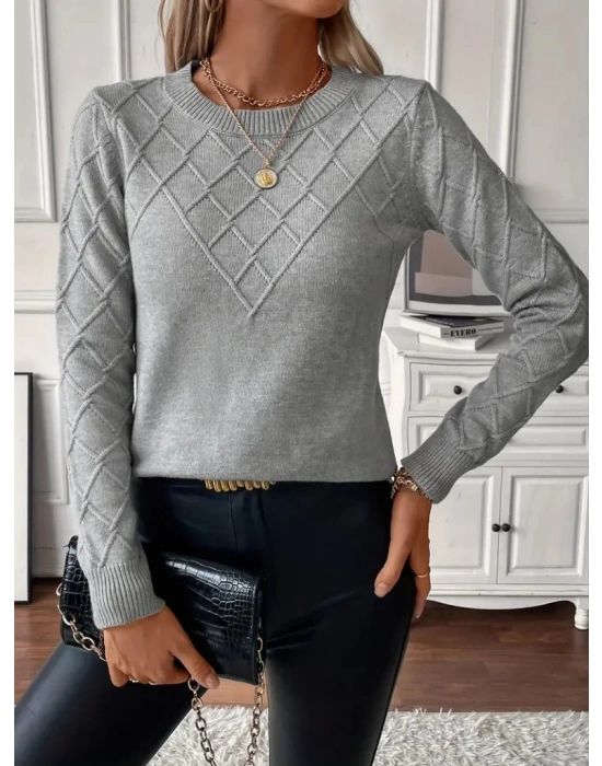 Kadın Uzun Kollu Bisiklet Yaka Geometrik Desenli Triko Bluz