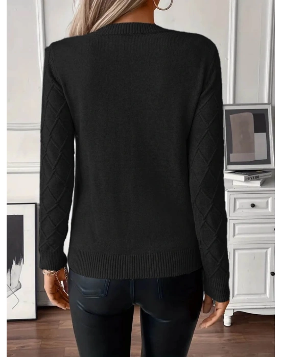 Kadın Uzun Kollu Bisiklet Yaka Geometrik Desenli Triko Bluz