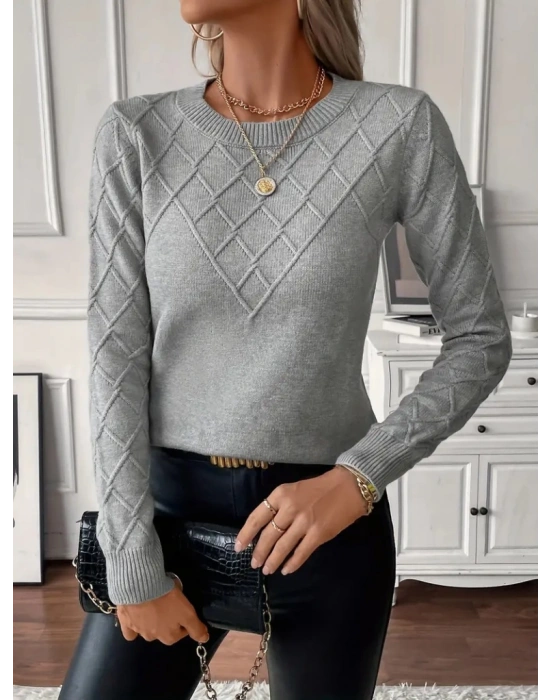 Kadın Uzun Kollu Bisiklet Yaka Geometrik Desenli Triko Bluz