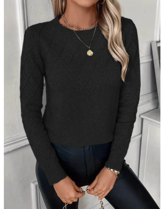 Kadın Uzun Kollu Bisiklet Yaka Geometrik Desenli Triko Bluz