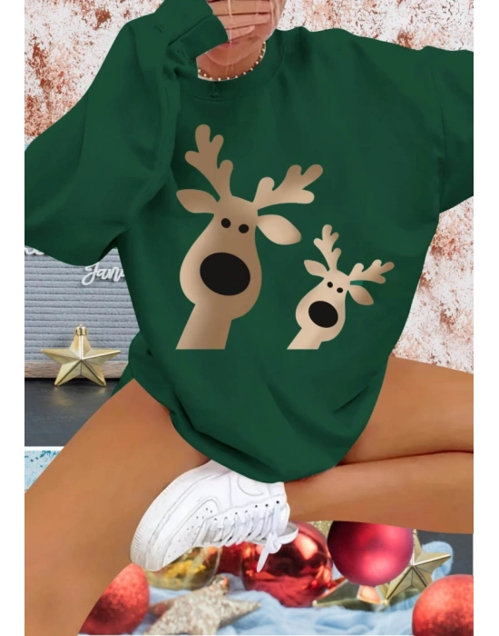 Kadın Uzun Kollu Bisiklet Yaka Geyik Desenli Viskon Iki Iplik Bluz