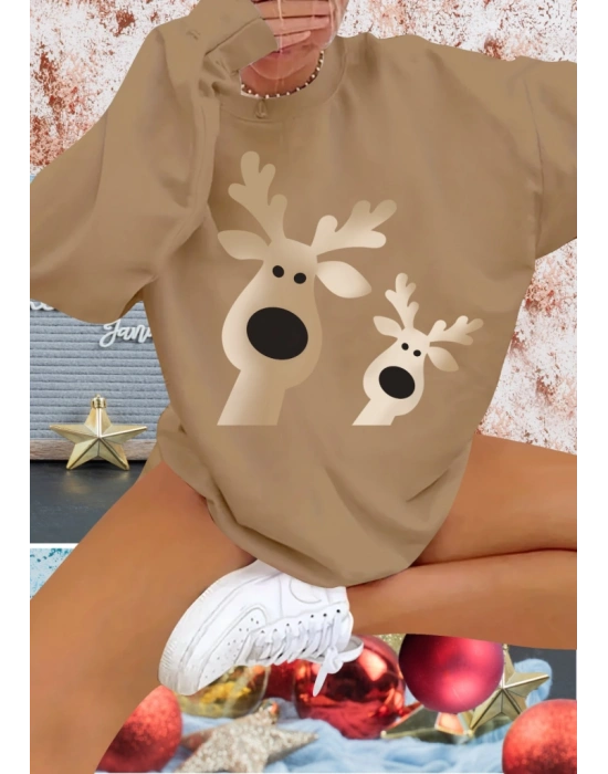 Kadın Uzun Kollu Bisiklet Yaka Geyik Desenli Viskon Iki Iplik Bluz