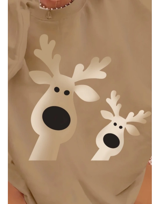 Kadın Uzun Kollu Bisiklet Yaka Geyik Desenli Viskon Iki Iplik Bluz