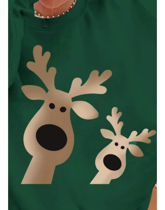 Kadın Uzun Kollu Bisiklet Yaka Geyik Desenli Viskon Iki Iplik Bluz