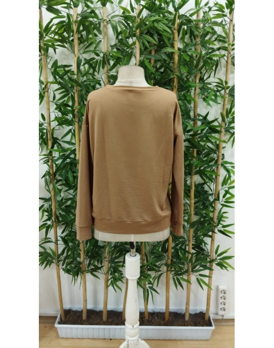 Kadın Uzun Kollu Bisiklet Yaka Geyik Desenli Viskon Iki Iplik Bluz