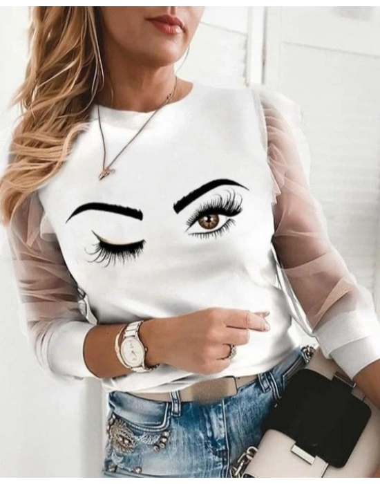 Kadın Uzun Kollu Bisiklet Yaka Göz Baskılı Kolları Tül Detay Dalgıç Bluz