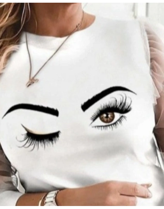 Kadın Uzun Kollu Bisiklet Yaka Göz Baskılı Kolları Tül Detay Dalgıç Bluz