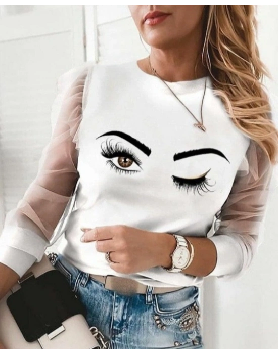 Kadın Uzun Kollu Bisiklet Yaka Göz Baskılı Kolları Tül Detay Dalgıç Bluz