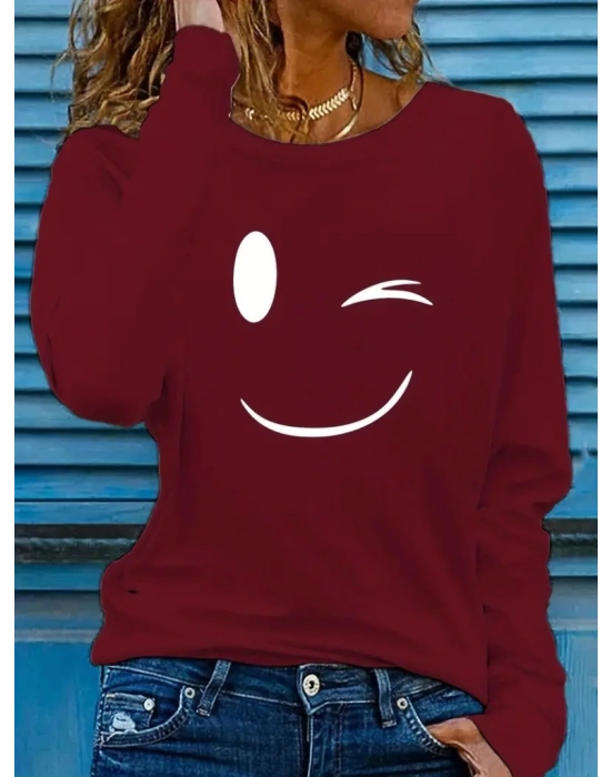 Kadın Uzun Kollu Bisiklet Yaka Gülen Yüz Desenli Viskon Bluz