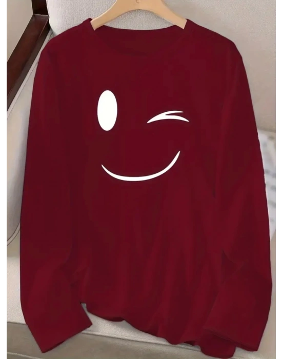 Kadın Uzun Kollu Bisiklet Yaka Gülen Yüz Desenli Viskon Bluz