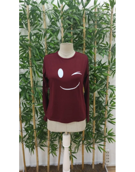 Kadın Uzun Kollu Bisiklet Yaka Gülen Yüz Desenli Viskon Bluz