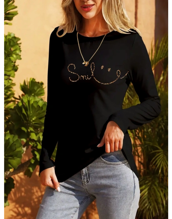 Kadın Uzun Kollu Bisiklet Yaka Gülümseyen Surat Desenli Viskon Bluz