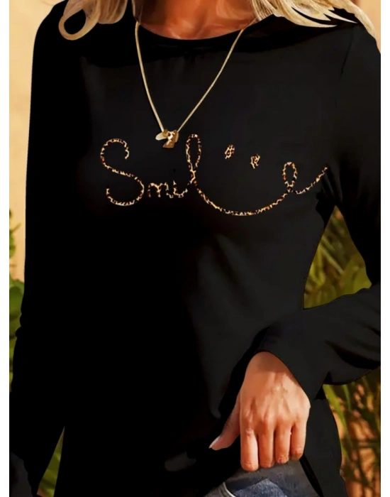 Kadın Uzun Kollu Bisiklet Yaka Gülümseyen Surat Desenli Viskon Bluz