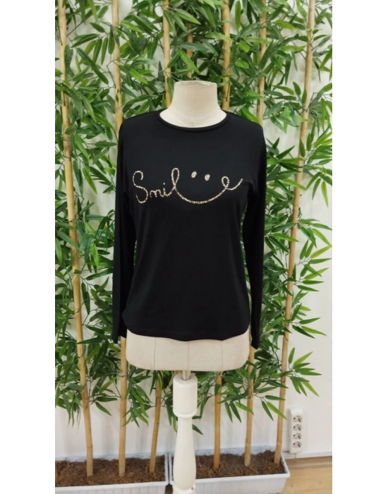 Kadın Uzun Kollu Bisiklet Yaka Gülümseyen Surat Desenli Viskon Bluz