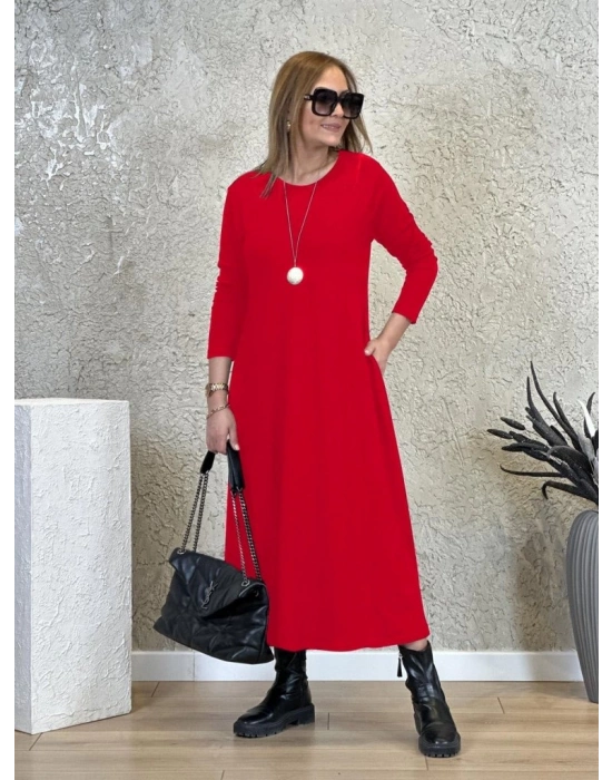 Kadın Uzun Kollu Bisiklet Yaka Iki Iplik Midi Boy Elbise