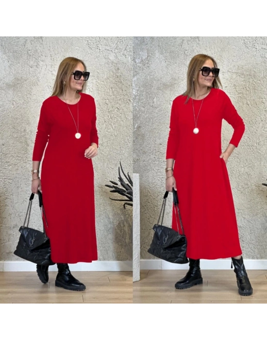 Kadın Uzun Kollu Bisiklet Yaka Iki Iplik Midi Boy Elbise