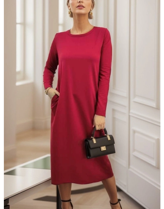 Kadın Uzun Kollu Bisiklet Yaka Iki Iplik Midi Boy Elbise