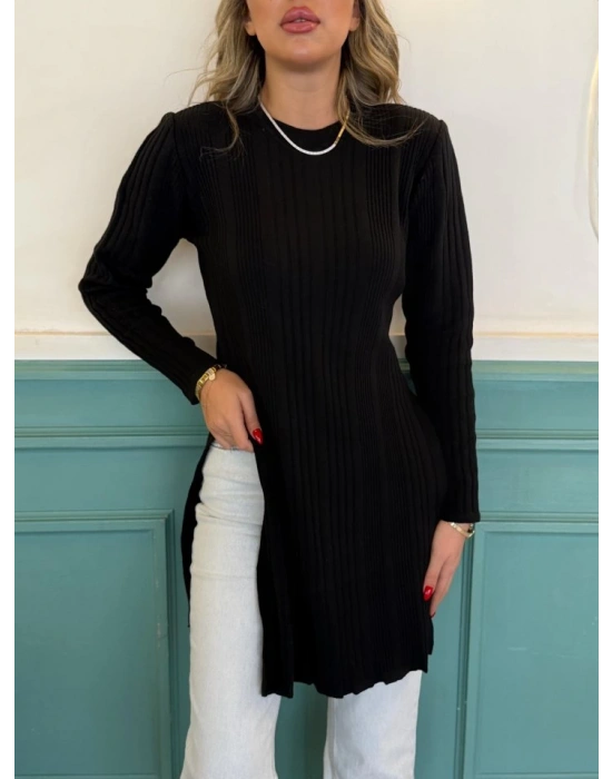 Kadın Uzun Kollu Bisiklet Yaka Iki Yandan Yırtmaç Detay Triko Bluz