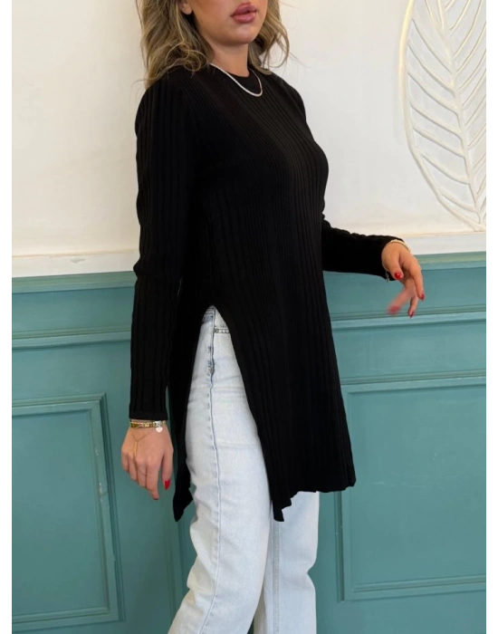 Kadın Uzun Kollu Bisiklet Yaka Iki Yandan Yırtmaç Detay Triko Bluz