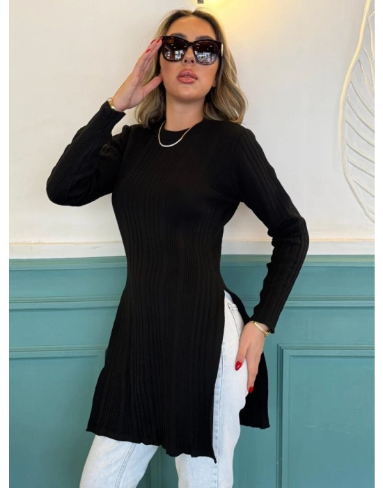 Kadın Uzun Kollu Bisiklet Yaka Iki Yandan Yırtmaç Detay Triko Bluz