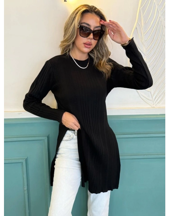 Kadın Uzun Kollu Bisiklet Yaka Iki Yandan Yırtmaç Detay Triko Bluz