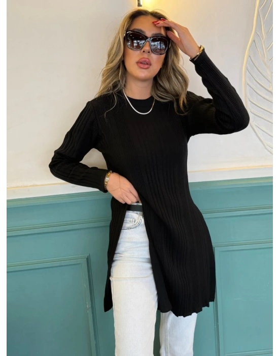 Kadın Uzun Kollu Bisiklet Yaka Iki Yandan Yırtmaç Detay Triko Bluz