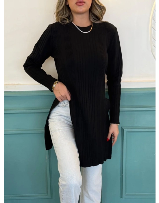 Kadın Uzun Kollu Bisiklet Yaka Iki Yandan Yırtmaç Detay Triko Bluz