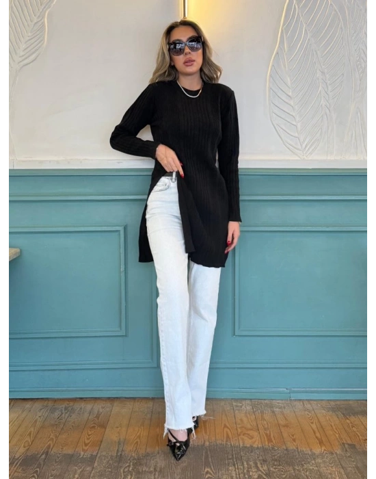 Kadın Uzun Kollu Bisiklet Yaka Iki Yandan Yırtmaç Detay Triko Bluz