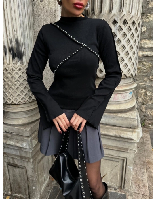 Kadın Uzun Kollu Bisiklet Yaka Inci Detay Bluz