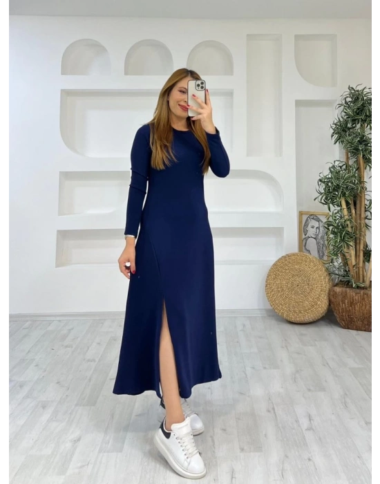 Kadın Uzun Kollu Bisiklet Yaka Size Kadar Yırtmaç Detay Maxi Boy Elbise