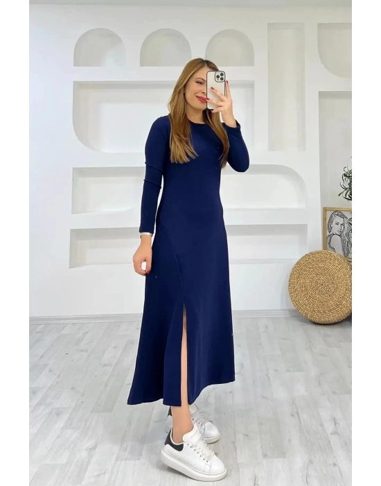 Kadın Uzun Kollu Bisiklet Yaka Size Kadar Yırtmaç Detay Maxi Boy Elbise