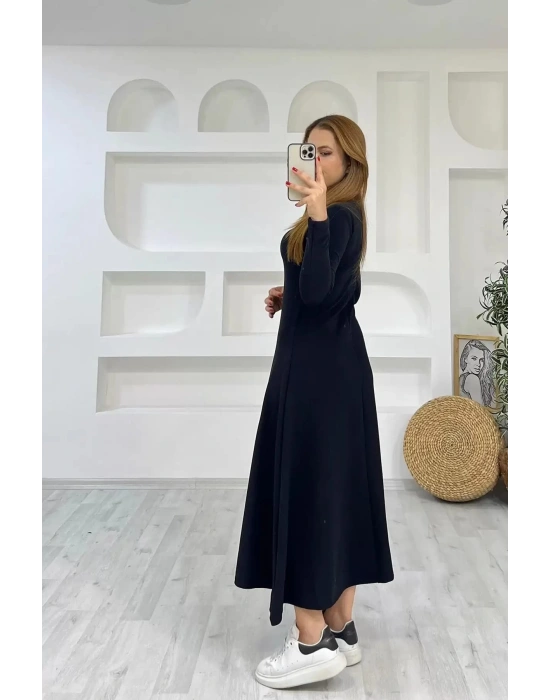 Kadın Uzun Kollu Bisiklet Yaka ize Kadar Yırtmaç Detay Maxi Boy Elbise
