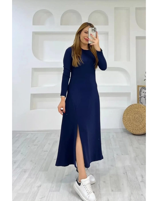 Kadın Uzun Kollu Bisiklet Yaka Size Kadar Yırtmaç Detay Maxi Boy Elbise