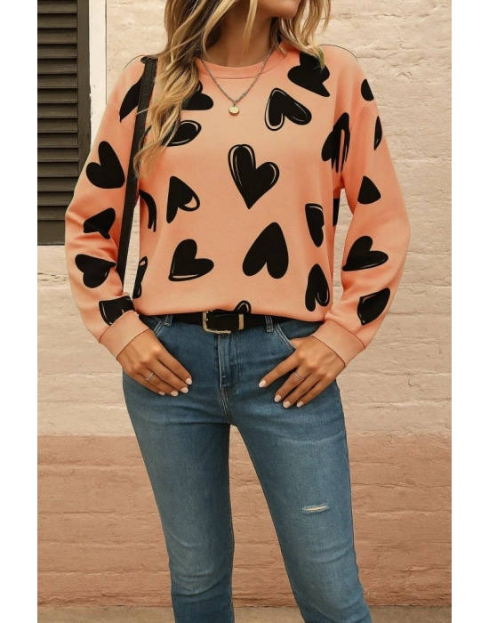 Kadın Uzun Kollu Bisiklet Yaka Kalp Desenli Iki Iplik Bluz