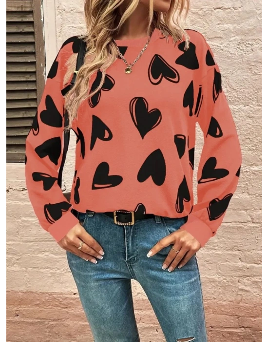 Kadın Uzun Kollu Bisiklet Yaka Kalp Desenli Iki Iplik Bluz