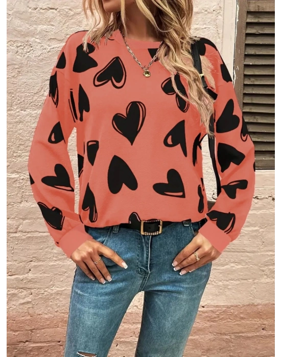 Kadın Uzun Kollu Bisiklet Yaka Kalp Desenli Iki Iplik Bluz