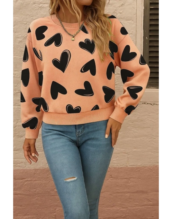 Kadın Uzun Kollu Bisiklet Yaka Kalp Desenli Iki Iplik Bluz