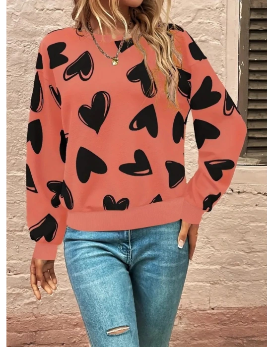 Kadın Uzun Kollu Bisiklet Yaka Kalp Desenli Iki Iplik Bluz