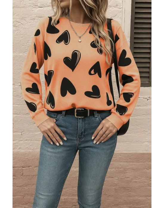 Kadın Uzun Kollu Bisiklet Yaka Kalp Desenli Iki Iplik Bluz