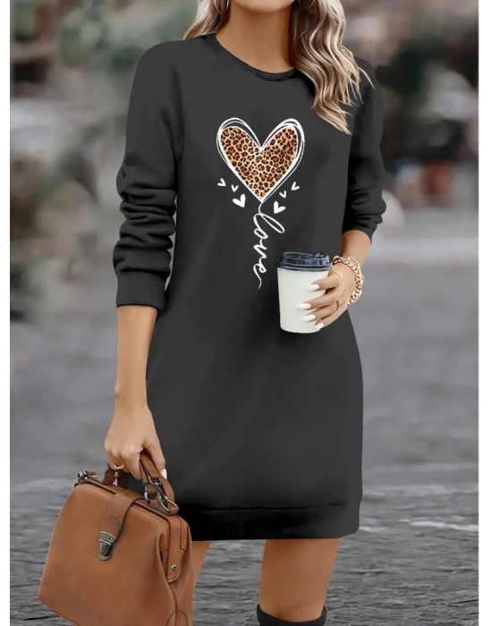 Kadın Uzun Kollu Bisiklet Yaka Kalp Desenli Kısa Viskon Elbise