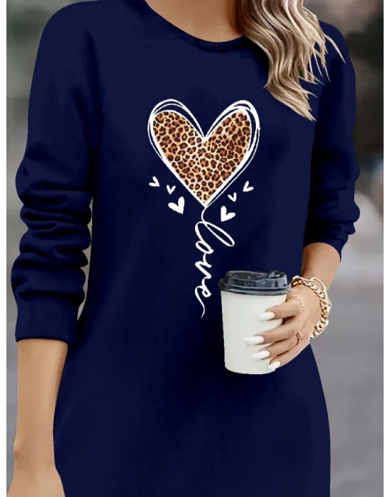 Kadın Uzun Kollu Bisiklet Yaka Kalp Desenli Kısa Viskon Elbise