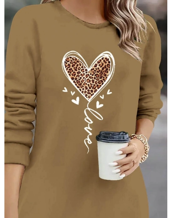 Kadın Uzun Kollu Bisiklet Yaka Kalp Desenli Kısa Viskon Elbise