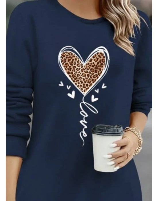 Kadın Uzun Kollu Bisiklet Yaka Kalp Desenli Kısa Viskon Elbise