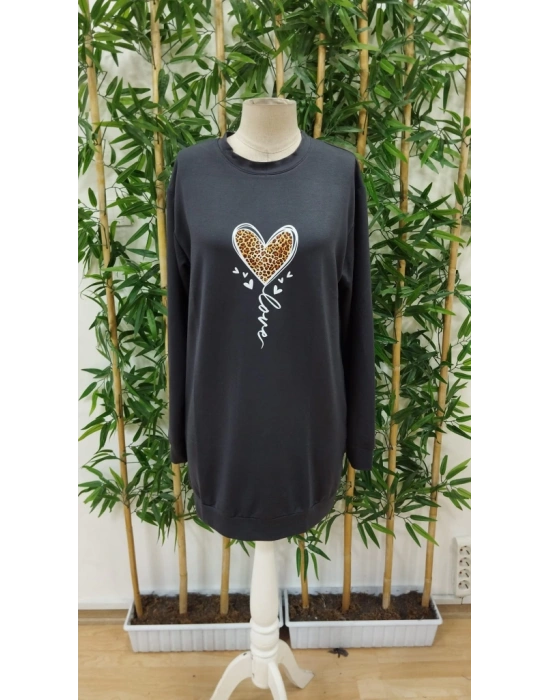 Kadın Uzun Kollu Bisiklet Yaka Kalp Desenli Kısa Viskon Elbise