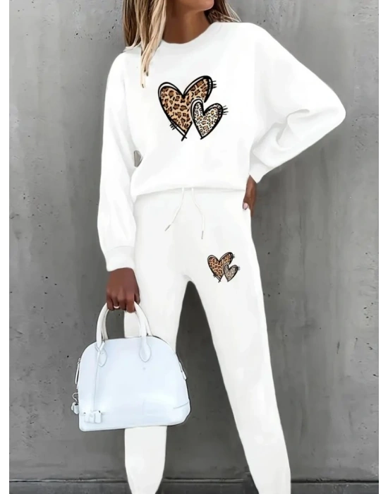 Kadın Uzun Kollu Bisiklet Yaka Kalp Desenli şardonlu üç Iplik Bluz Ve Pantolon Ikili Takım